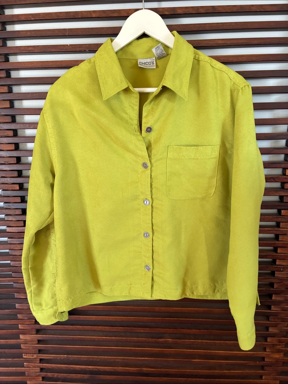 🎉NEW LISTING!🎉Chico’s Bright Lime Faux Suede Button-Up Shirt/Jacket